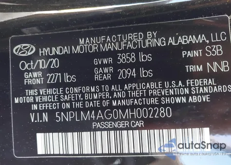 2021 Hyundai Elantra Sel z USA, uszkodzony, nr VIN 5NPLM4AG0MH002280